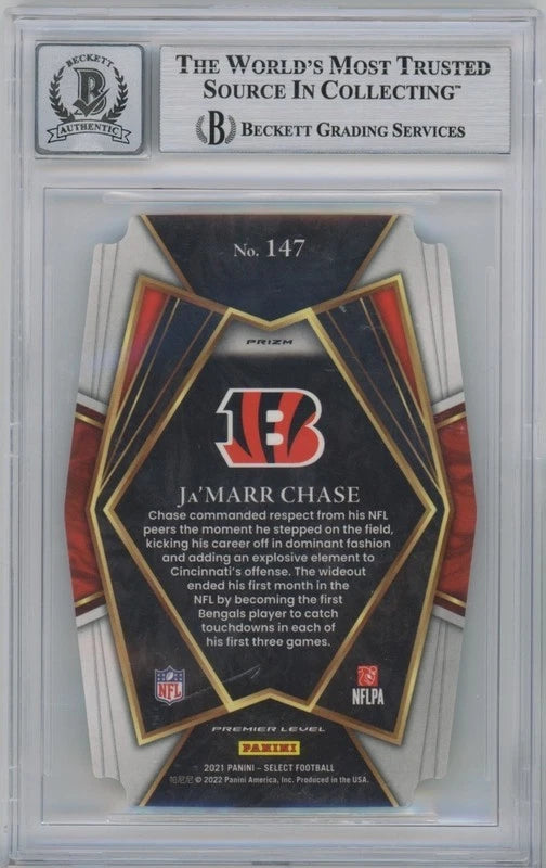 Ja'Marr Chase Autographed Cincinnati Bengals 2021 Panini Select Green & Yellow #147 BGS 9/10 Rookie Card Fanatics