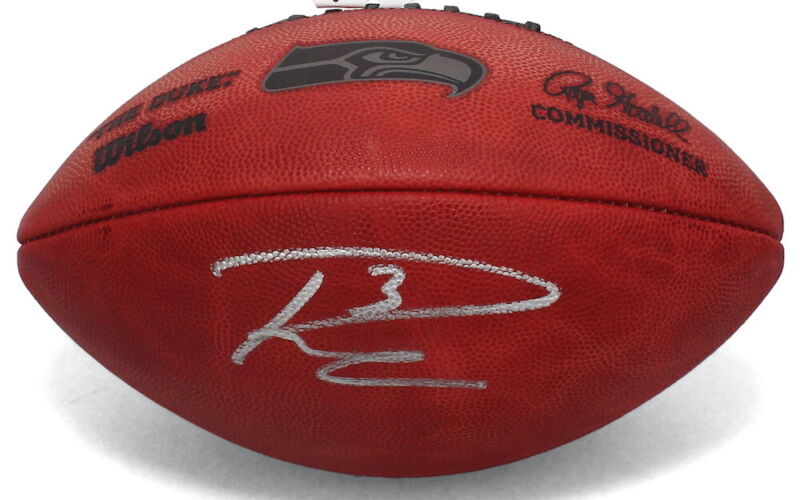 RUSSELL WILSON Autographed Seattle Seahawks Metallic Logo Official NFL Wilson Duke Football FANATICS