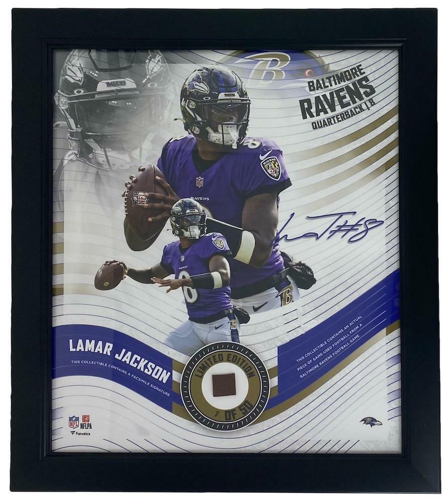 LAMAR JACKSON Framed Baltimore Ravens 15" x 17" Game Used Football Collage LE 8/50
