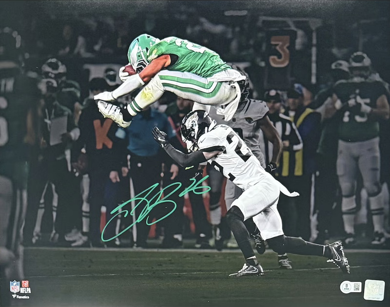 Saquon Barkley Autographed Philadelphia Eagles "Reverse Hurdle" 16 x 20 Spotlight Photograph Beckett Witnessed