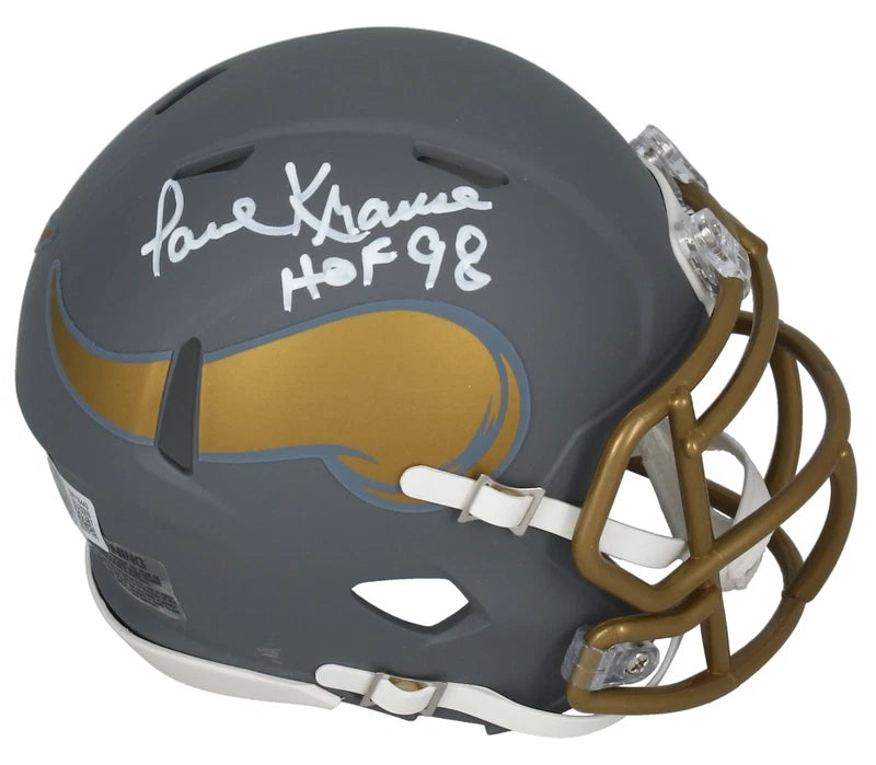 Paul Krause Autographed/Inscribed "HOF 98" Minnesota Vikings Slate Speed Mini Helmet Beckett Witnessed