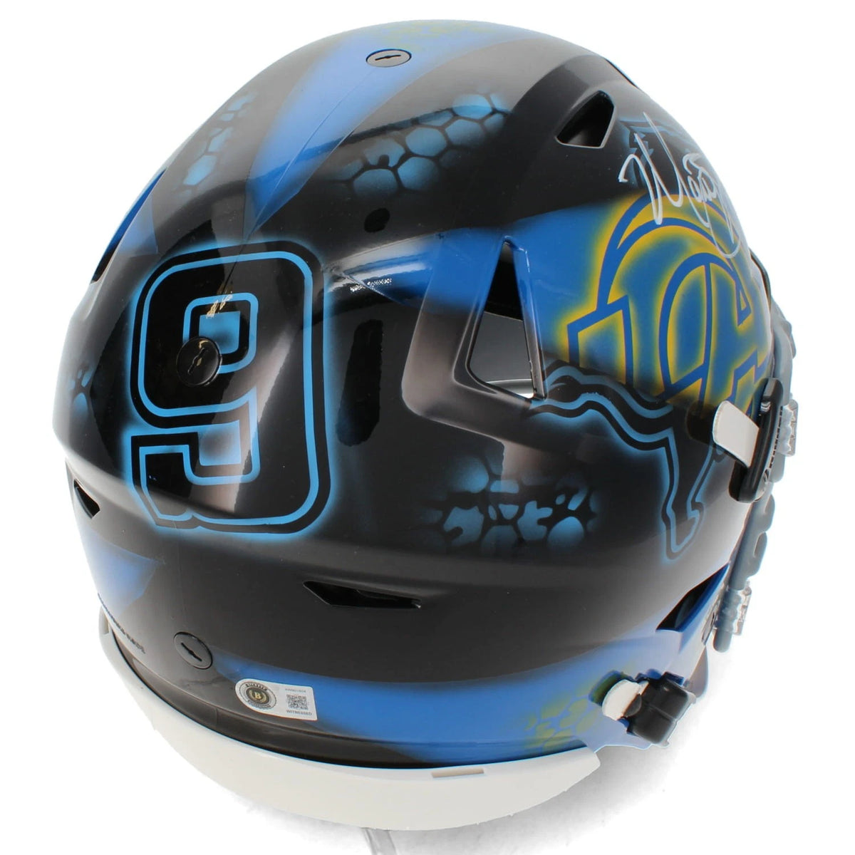 Matthew Stafford Autographed Los Angeles Rams/Detroit Lions Black/Blue Custom Painted RIPPED Speedflex Authentic Helmet Beckett Witnessed