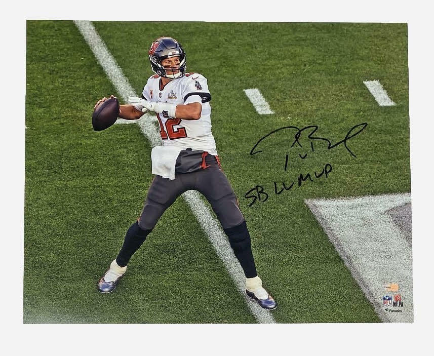 TOM BRADY Tampa Bay Buccaneers Autographed 16" x 20" Super Bowl LV Champions Super Bowl LV Action Photograph with "LV MVP" Inscription FANATICS