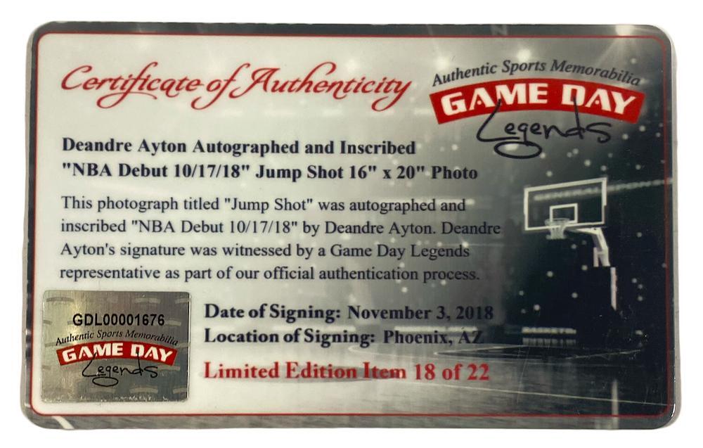 DEANDRE AYTON Autographed "NBA Debut 10/17/18" 16" x 20" Photograph GDL LE 18/22