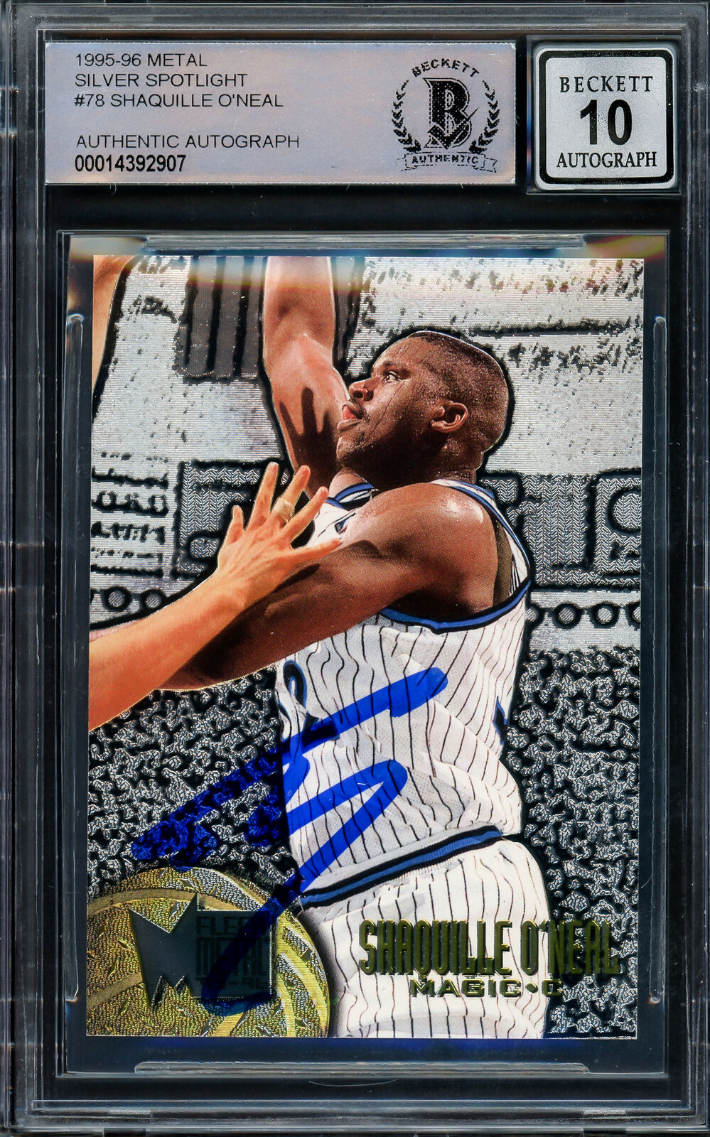 Shaquille "Shaq" O'Neal Autographed 1995-96 Fleer Metal Silver Spotlight Card #78 Orlando Magic Auto Grade Gem Mint 10 Beckett BAS #14392907