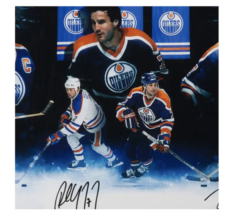 Wayne Gretzky, Coffey & Kurri Autographed "Oilers Greats" 36 x 18 Photo UDA LE