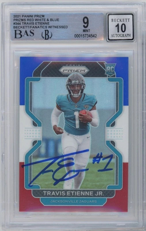 Travis Etienne Autographed Jacksonville Jaguars 2021 Panini Prizm Red White & Blue #344 BGS 9/10 Rookie Card Fanatics