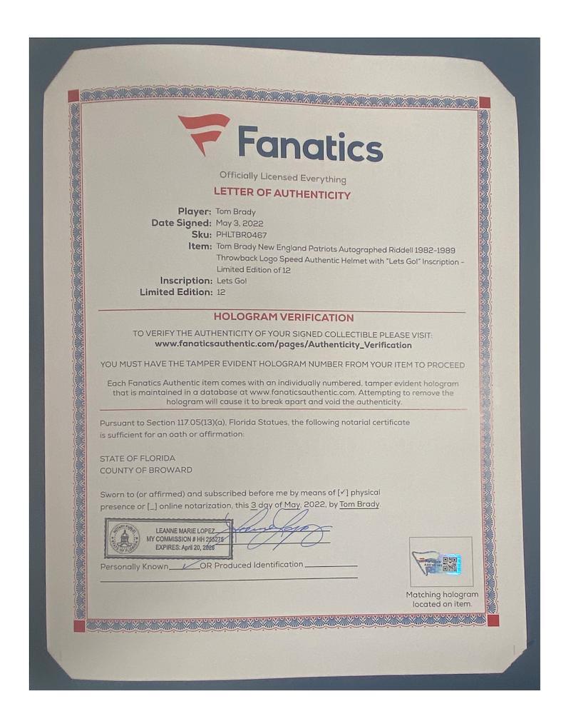 TOM BRADY Autographed/Inscribed "LET'S GO" New England Patriots Throwback Speed Authentic Helmet FANATICS LE 1/12