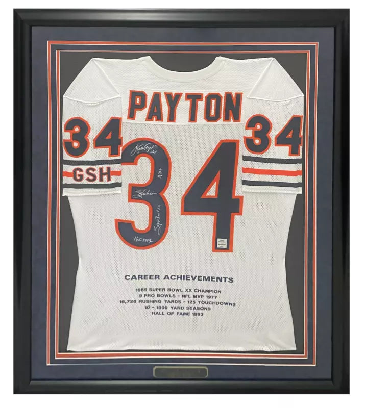 Walter Payton Autographed/Multi-Inscribed Custom Framed Chicago Bears Career Highlights Embroidered Stat Jersey Walter Payton Hologram