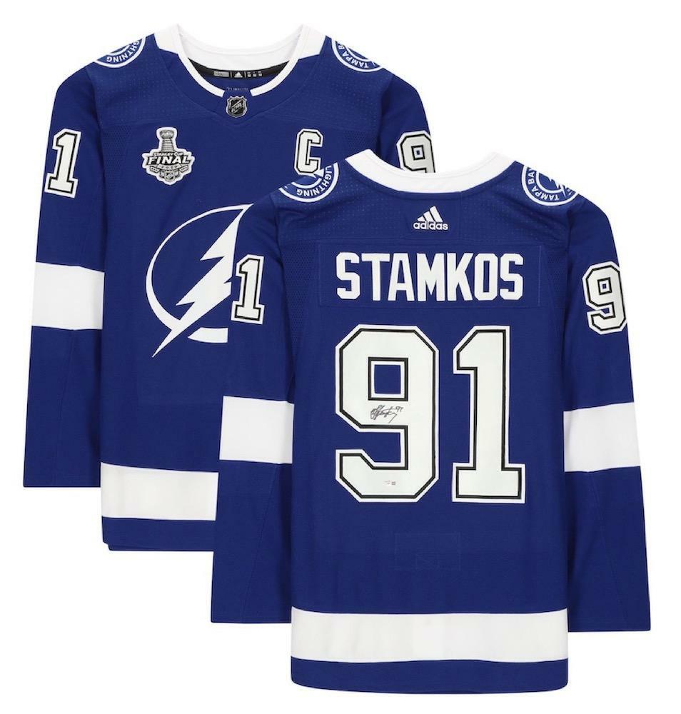 STEVEN STAMKOS Autographed Tampa Bay Lightning Blue Adidas Jersey w/2021 Stanley Cup Patch FANATICS