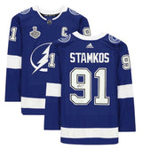 STEVEN STAMKOS Autographed Tampa Bay Lightning Blue Adidas Jersey w/2021 Stanley Cup Patch FANATICS