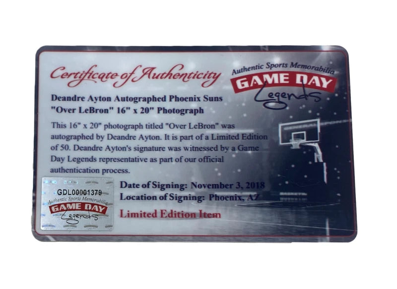 DeAndre Ayton Autographed Phoenix Suns "Over LeBron" 16" x 20" Photograph - Limited Edition of 50/50 - Game Day Legends & Steiner