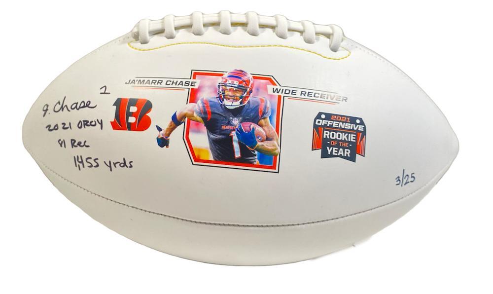 JA'MARR CHASE Autographed/Inscribed "2021 OROY 81 Rec 1,455 yrds" Cincinnati Bengals White Panel Football FANATICS LE 25