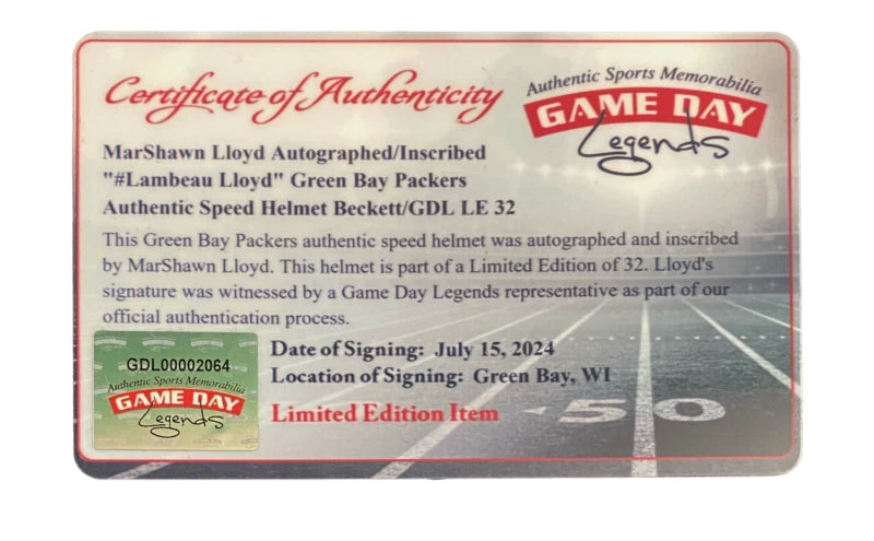 MarShawn Lloyd Autographed/Inscribed "#Lambeau Lloyd" Green Bay Packers Speed Authentic Helmet Beckett/GDL LE 32/32