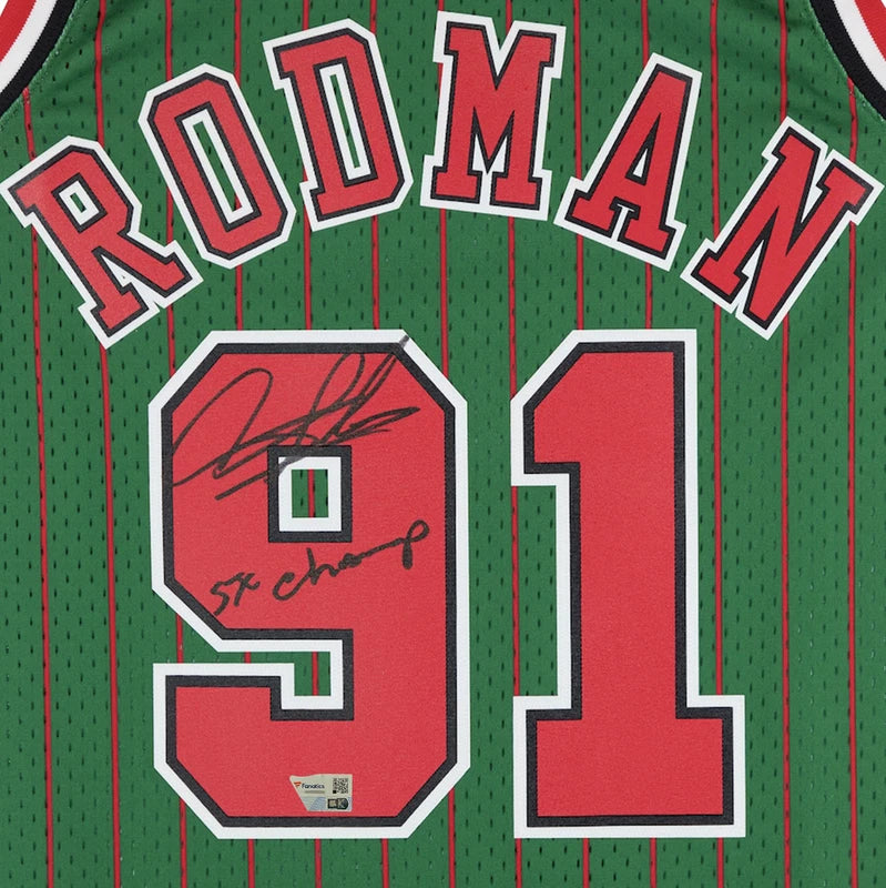 Dennis Rodman Autographed/Inscribed "5x Champ" Chicago Bulls Green Mitchell & Ness 1995-96 Authentic Jersey Fanatics