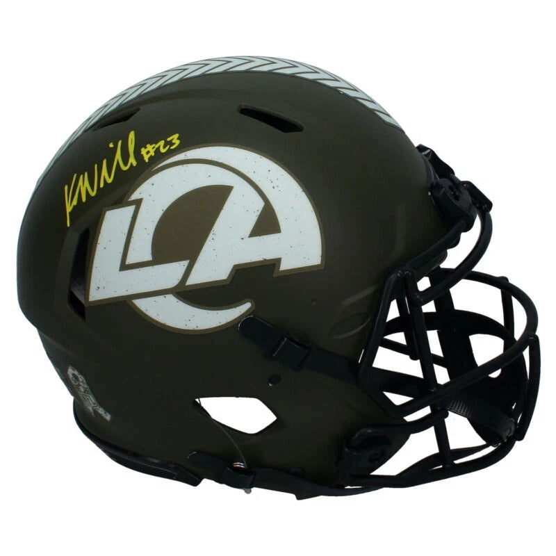 Kyren Williams Autographed (In Yellow) Los Angeles Rams 2022 Salute to Service Speed Authentic Helmet Beckett Witnessed