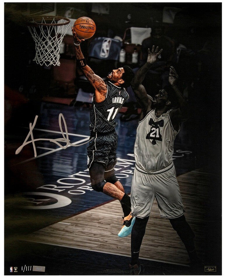 KYRIE IRVING Autographed Brooklyn Nets "Finger Roll" 16" x 20" Photograph PANINI LE 1/111