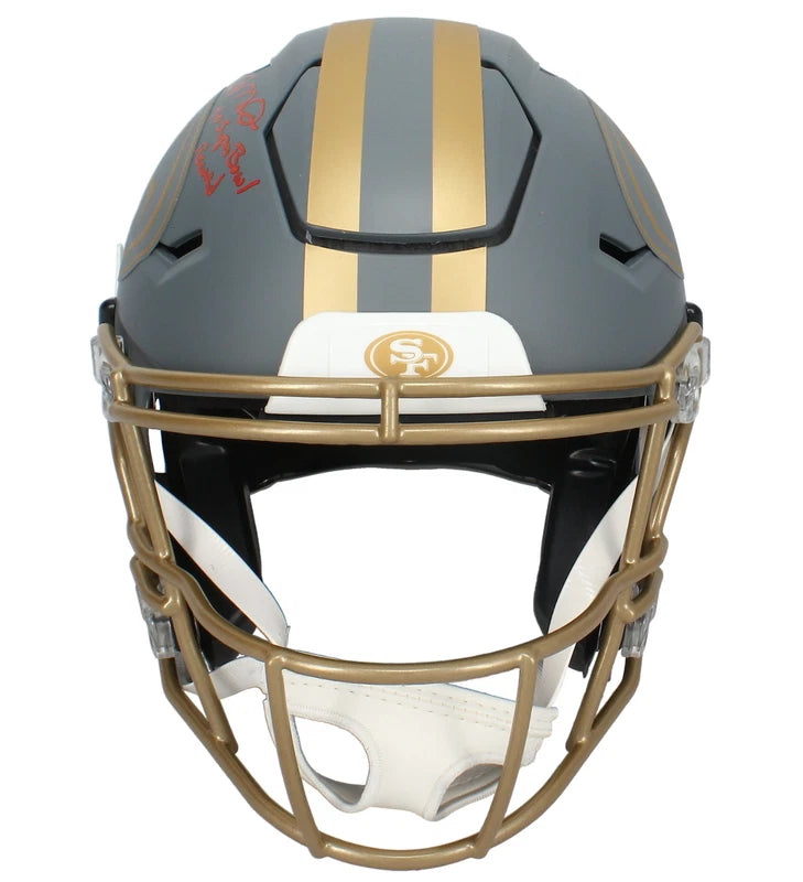 Joe Montana Autographed/Inscribed "4-0 Super Bowl Record" San Francisco 49ers Slate Speedflex Authentic Helmet Fanatics LE 25