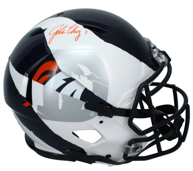 John Elway Autographed Denver Broncos ECC Custom Ripped Navy/White Speed Authentic Helmet Beckett Witnessed
