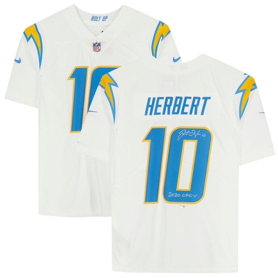 JUSTIN HERBERT Autographed/Inscribed "2020 OROY" Los Angeles Chargers White Nike Limited Jersey FANATICS