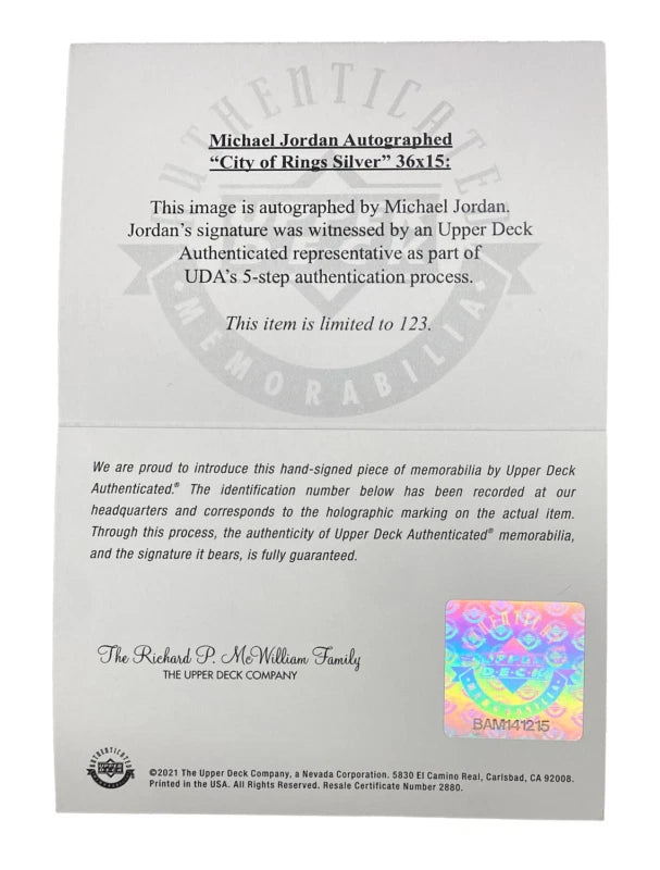 Michael Jordan Autographed Bulls "City of Rings Silver" Framed Photograph UDA LE 23/123