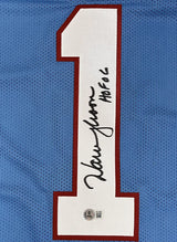 Warren Moon Autographed/Inscribed "HOF '06" #1 Baby Blue Throwback Custom Jersey Beckett Witnessed