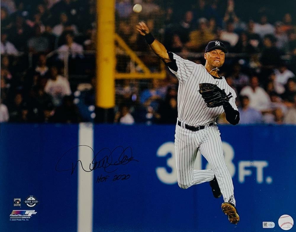 DEREK JETER Autographed/Inscribed "HOF 2020" New York Yankees "Jump Throw" 16" x 20" Photograph MLB AUTHENTICATED