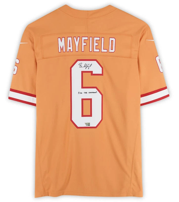Baker Mayfield Tampa Bay Buccaneers Autographed/Inscribe "Fire The Cannons!" Nike Creamsicle Vapor Fuse Limited Jersey Fanatics