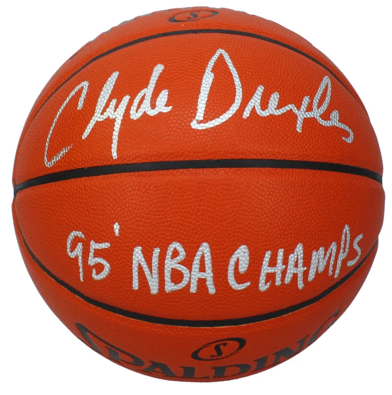 Clyde Drexler Autographed/Inscribed "95 NBA CHAMPS" Spalding NBA Game Ball Series Indoor/Outdoor Basketball Beckett Witnessed