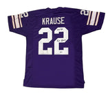 Paul Krause Autographed/Inscribed "HOF 98" #22 Purple Custom Jersey Beckett Witnessed