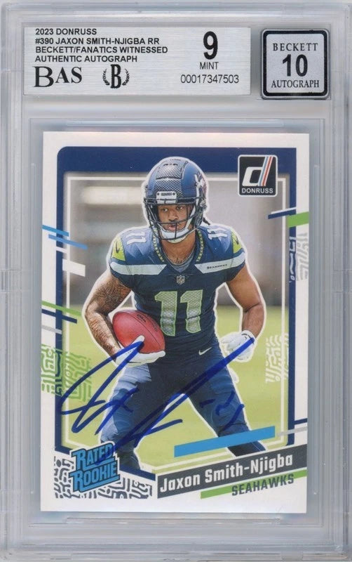 Jaxon Smith-Njigba Autographed Seattle Seahawks 2023 Panini Donruss Rated Rookie #390 BGS 9/10 Rookie Card Fanatics