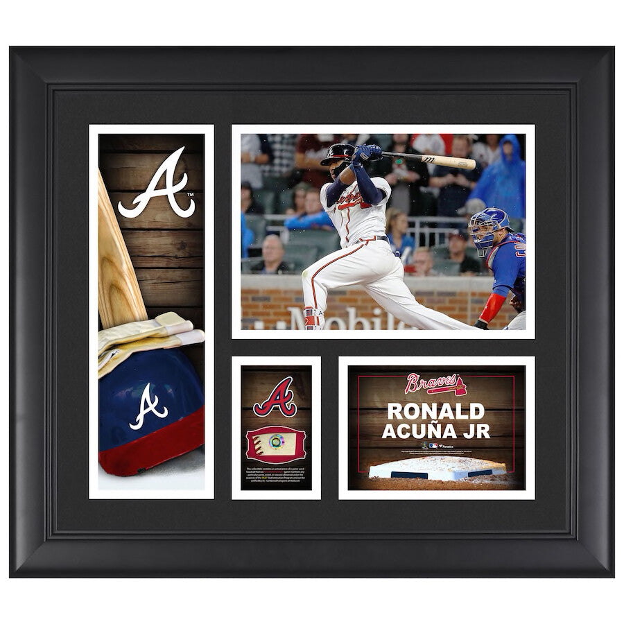 RONALD ACUNA Jr. Atlanta Braves Framed Collage w/Game Used Piece of Baseball