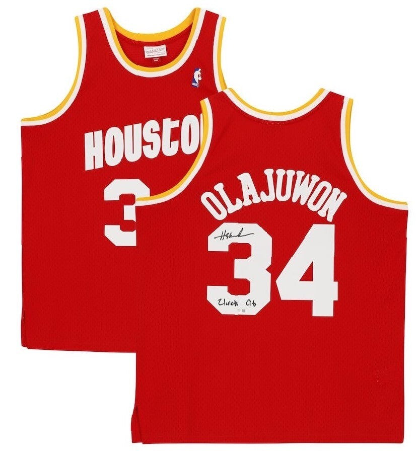 HAKEEM OLAJUWON Autographed/Inscribed "Clutch City" Houston Rockets Red 1993-94 Mitchell & Ness Jersey FANATICS