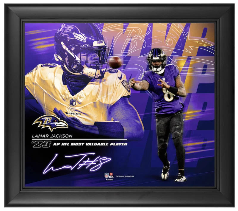 Lamar Jackson Baltimore Ravens Facsimilie Signature Framed 2023 NFL MVP 15" x 17" Collage Fanatics