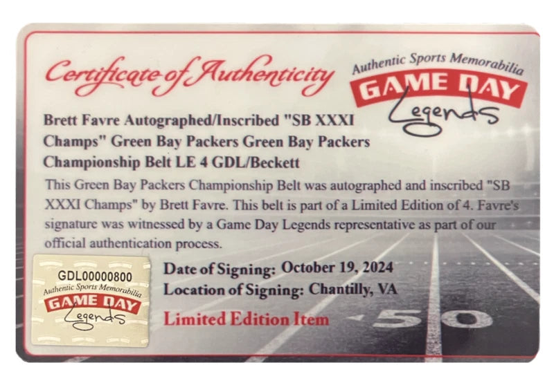 Brett Favre Autographed/Inscribed "SB XXXI Champs" Green Bay Packers Green Bay Packers Championship Belt LE 4/4 GDL/Beckett