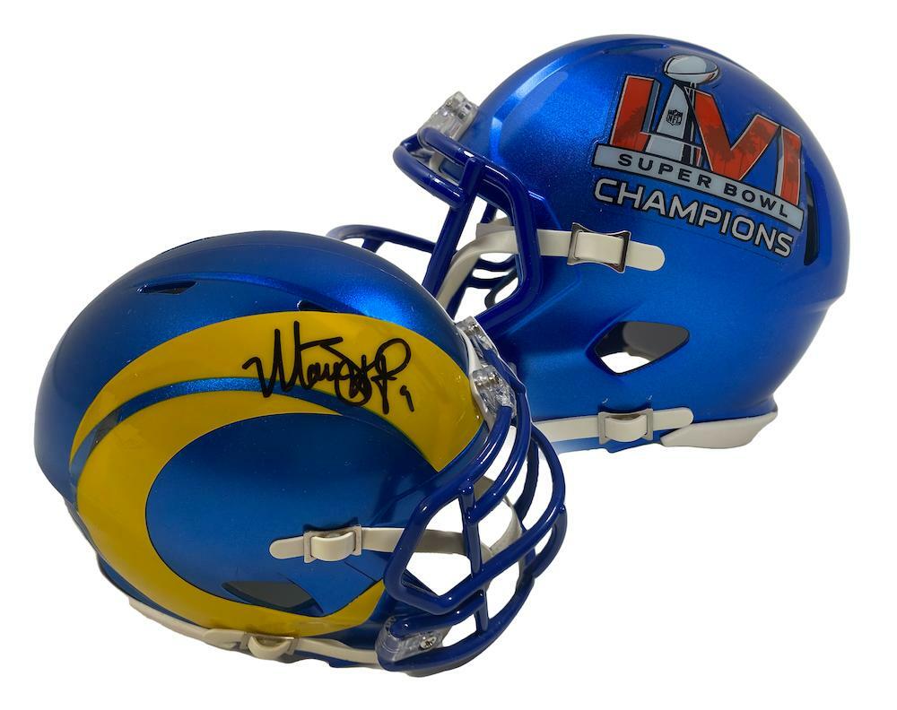 MATTHEW STAFFORD Autographed Los Angeles Rams SB LVI Champs Logo Speed Mini Helmet FANATICS