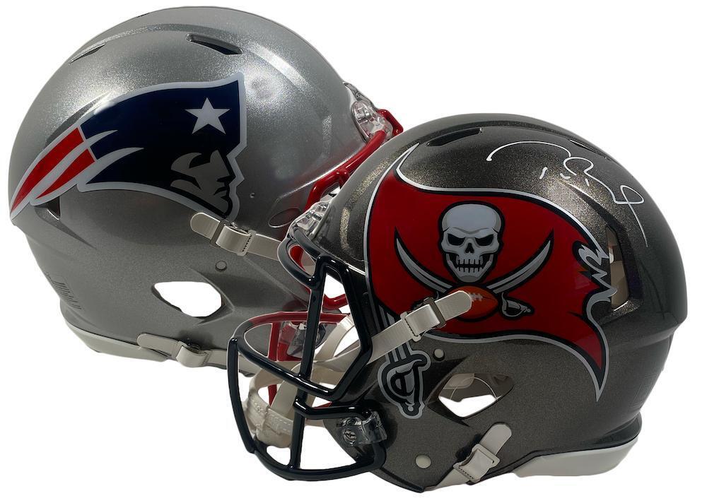 TOM BRADY Buccaneers Side Autographed Buccaneers / Patriots Combo Speed Authentic Helmet FANATICS
