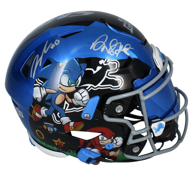 Jahmyr Gibbs/David Montgomery Autographed Detroit Lions/Sonic the Hedgehog Logo Custom Painted Speedflex Authentic Helmet Fanatics/Beckett