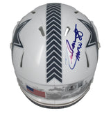 Drew Pearson Autographed/Inscribed "HOF '21" Dallas Cowboys 2024 Salute to Service Speed Mini Helmet Beckett Witnessed