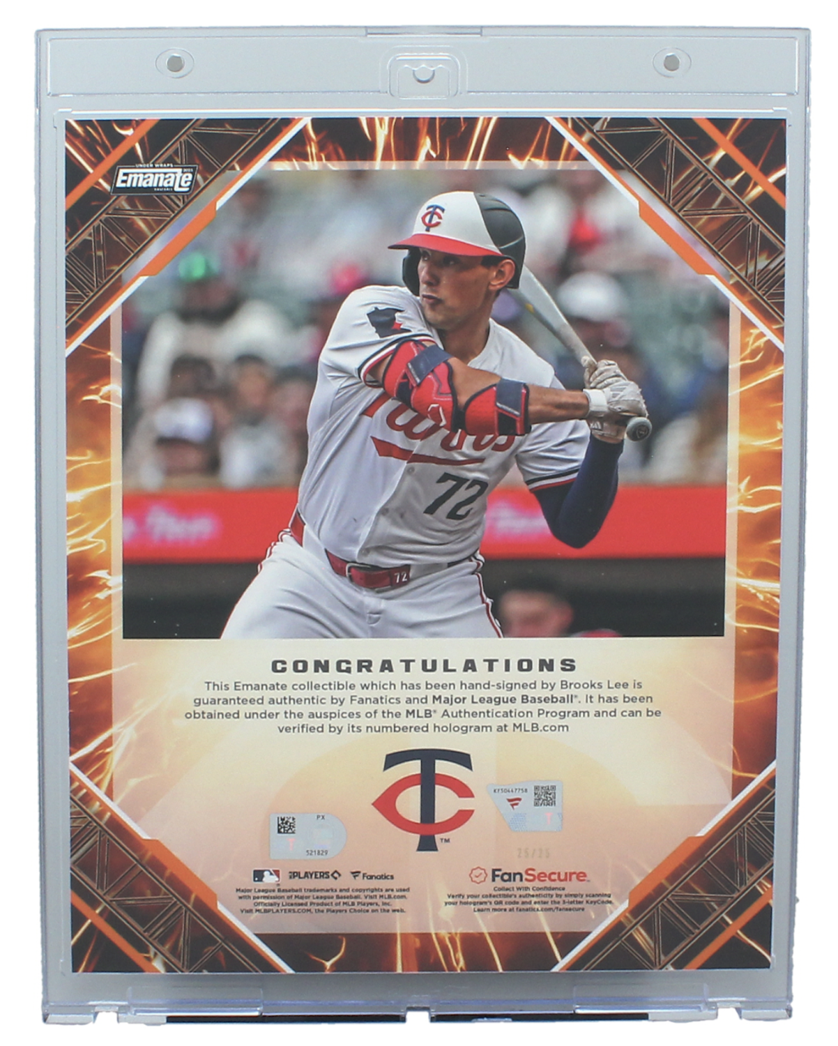 Brooks Lee Autographed Minnesota Twins 20215 MLB Emanate 8" x 10" Orange Variant LE 25/25 Fanatics