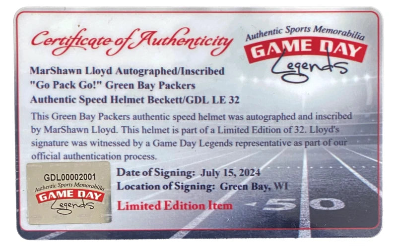 MarShawn Lloyd Autographed/Inscribed "Go Pack Go!" Green Bay Packers Speed Authentic Helmet Beckett/GDL LE 1/32