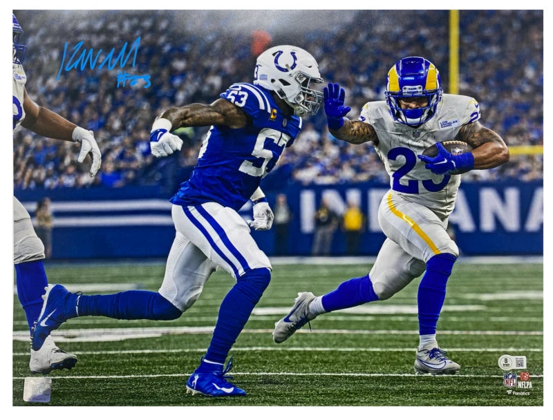 Kyren Williams Autographed (in Blue) Los Angeles Rams "Stiff Arm" 16" x 20" Photograph Beckett Witnessed