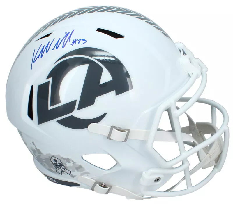 Kyren Williams Autographed (In Blue) Los Angeles Rams 2024 Salute to Service Speed Full Size Helmet Beckett Witnessed