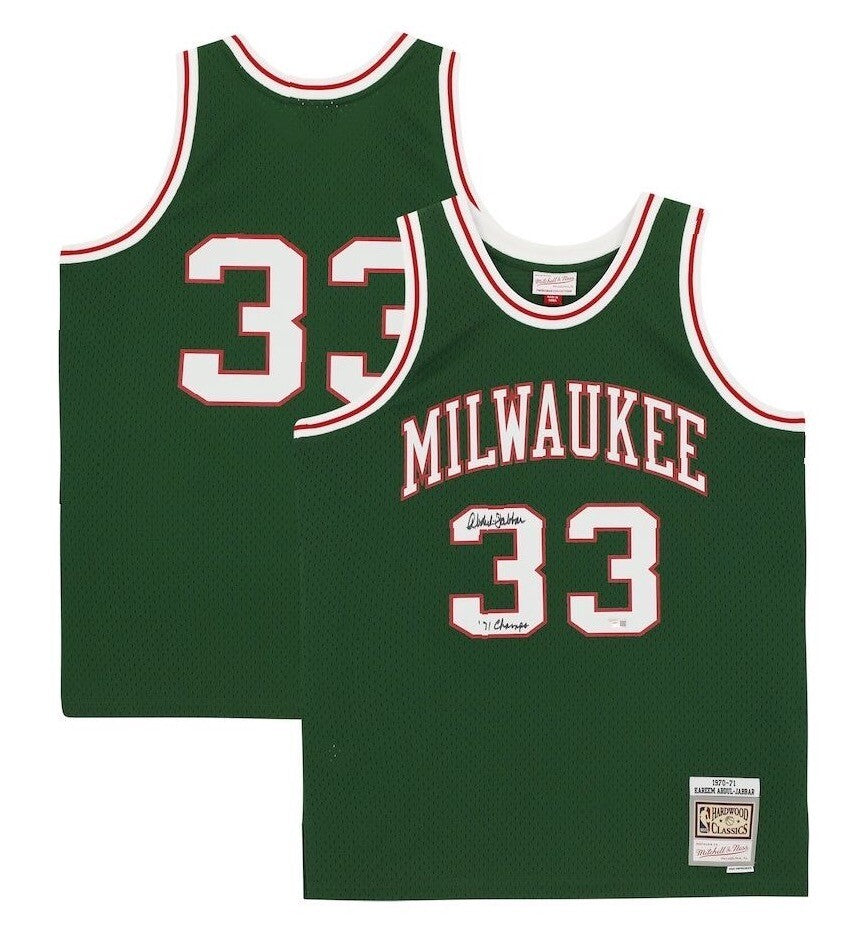 KAREEM ABDUL-JABBAR Autographed/Inscribed "71 NBA CHAMPS" Milwaukee Bucks Green Mitchell & Ness 71-72 Replica Jersey FANATICS