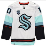 MATT BENIERS Autographed/Inscribed "NHL Debut 4/12/22" Seattle Kraken White Adidas Jersey FANATICS