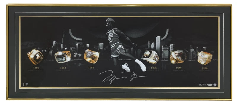Michael Jordan Autographed Bulls "City of Rings Silver" Framed Photograph UDA LE 23/123