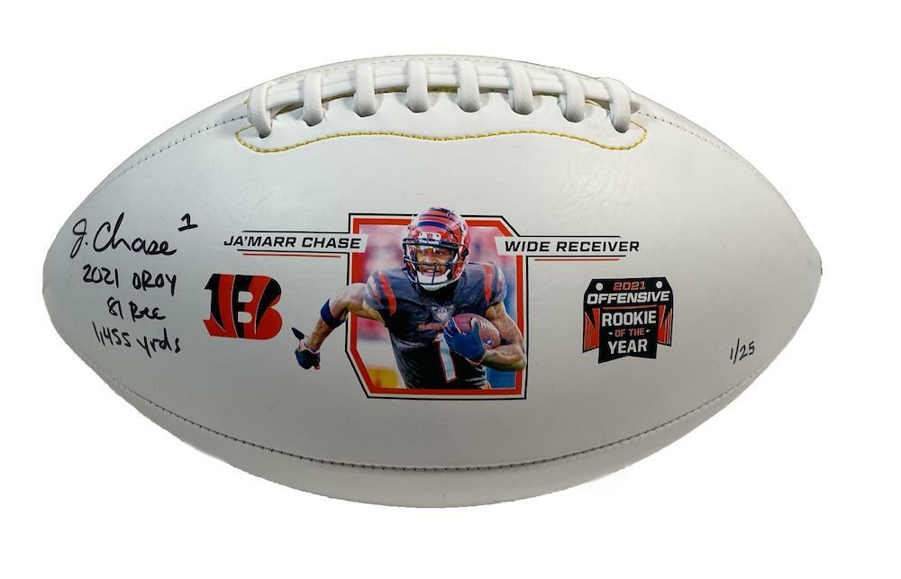 JA'MARR CHASE Autographed/Inscribed "2021 OROY 81 Rec 1,455 yrds" Cincinnati Bengals White Panel Football FANATICS LE 1/25