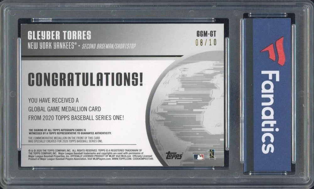 Gleyber Torres New York Yankees Autographed 2020 Topps Relic #GGM-GT #8/10 Card TOPPS
