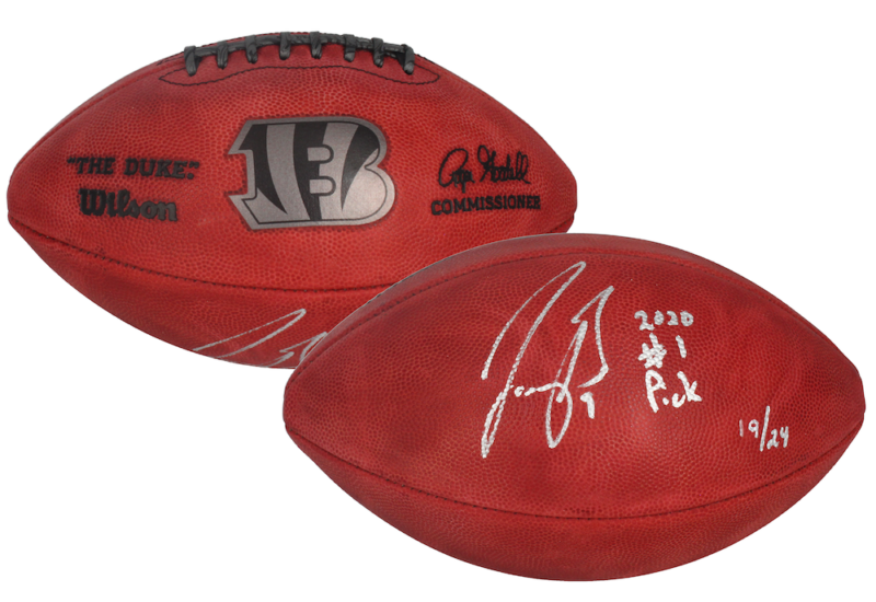 Joe Burrow Autographed/Inscribed "2020 #1 Pick" Cincinnati Bengals Metallic Logo Football Fanatics LE 24