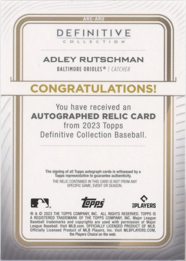 Adley Rutschman Autographed Baltimore Orioles 2023 Topps Definitive Collection Relic Card 46/50